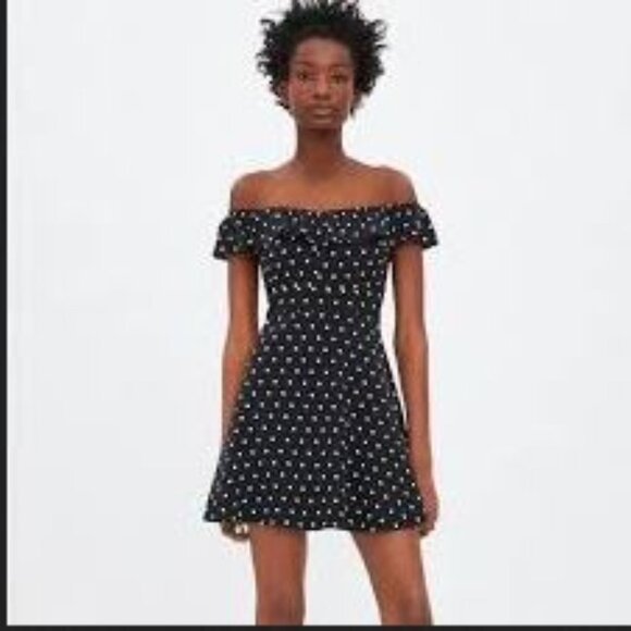 NWT Zara Sz L Women's Black White Polka Dot Off the Shoulder Fit & Flare Dress - Picture 1 of 16